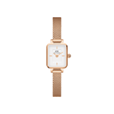 Petite rectangular women’s watch with a minimalist white dial and a rose gold mesh strap, designed for small wrists.