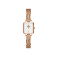Petite rectangular women’s watch with a minimalist white dial and a rose gold mesh strap, designed for small wrists.