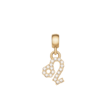 Gold zodiac charm in the shape of the Leo symbol, adorned with sparkling cubic zirconia crystals and finished with a polished gold clasp.