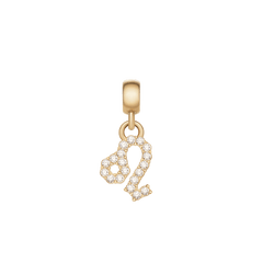 Gold zodiac charm in the shape of the Leo symbol, adorned with sparkling cubic zirconia crystals and finished with a polished gold clasp.