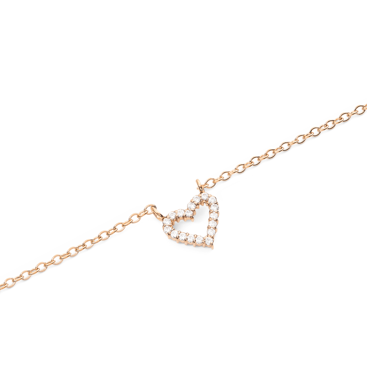 Close-up of the Mirelle Heart Necklace Rose Gold, showing a delicate rose gold chain with an open heart pendant set with sparkling white cubic zirconia crystals.