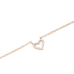 Close-up of the Mirelle Heart Necklace Rose Gold, showing a delicate rose gold chain with an open heart pendant set with sparkling white cubic zirconia crystals.
