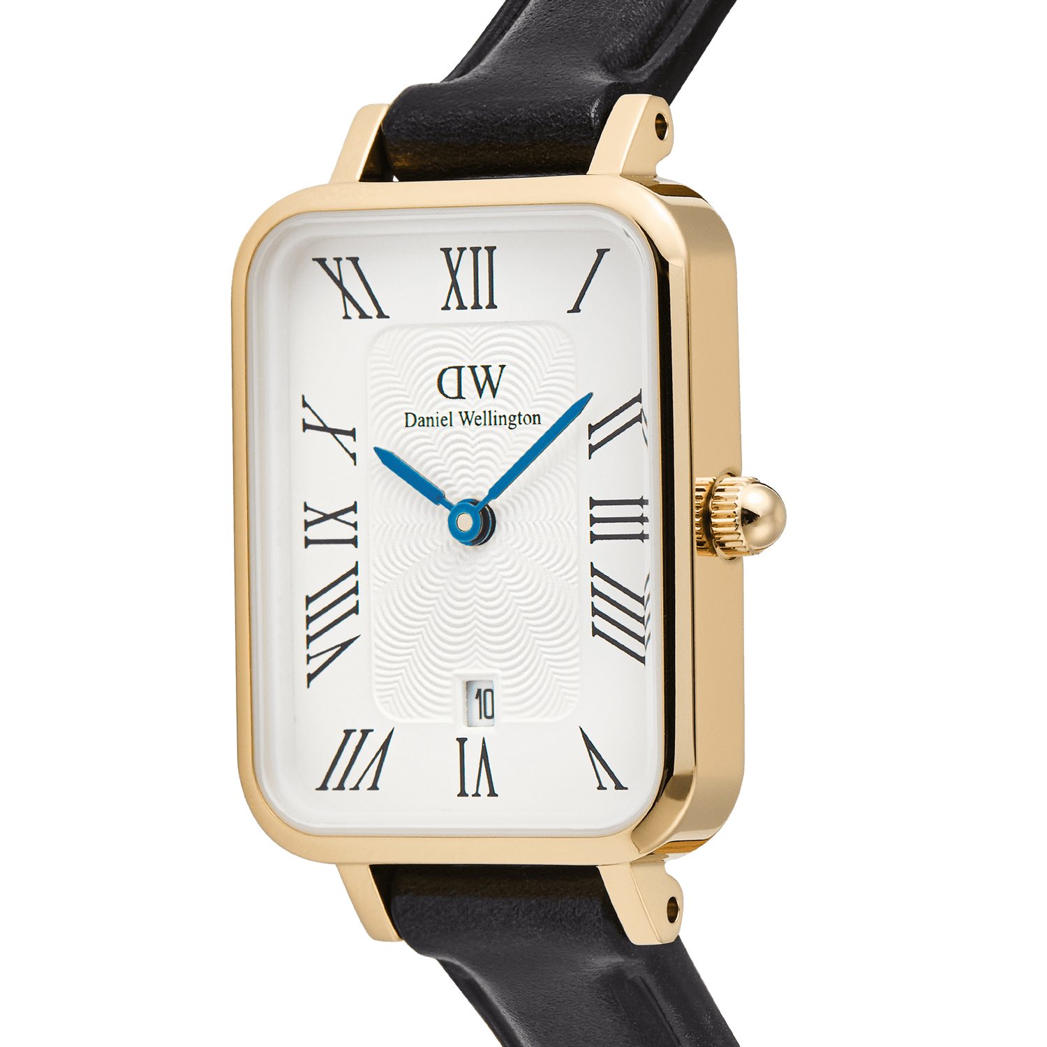 Close-up of the Quadro Roman Numerals Date Sheffield Gold watch, highlighting its rectangular gold-plated case, white dial with Roman numerals, blue hands, date window, and black leather strap.