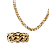 Chunky gold chain necklace and matching ring set featuring bold, interlocking links with a polished finish, designed for a modern and sophisticated look.