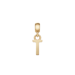 Gold letter T charm with a minimalist, polished finish and an adjustable clasp, ideal for personalising bracelets or necklaces with a refined touch.