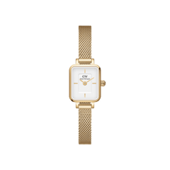 Quadro Mini Evergold petite rectangular gold mesh watch with white dial and minimalist gold hour markers for small wrists.