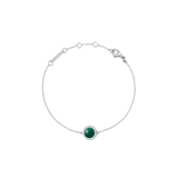 Slim silver bracelet with a domed green malachite centrepiece, surrounded by cubic zirconia, adjustable chain and lobster clasp.