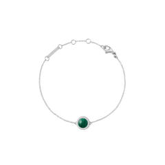 Slim silver bracelet with a domed green malachite centrepiece, surrounded by cubic zirconia, adjustable chain and lobster clasp.