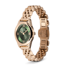 Ophelia Mini Emerald Rose Gold watch featuring a polished rose gold oval case, emerald green sunray dial with Roman numerals, and an open beans link bracelet with butterfly clasp.