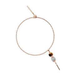 Rose gold charm extension chain bracelet with a polished finish, featuring a layered design and adorned with a blue bead and a brown gemstone charm for a refined, modern touch.