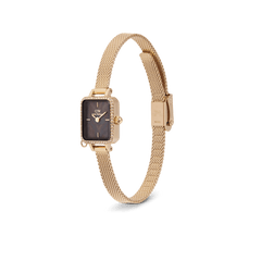 Quadro Mini Crystal Zodiac Evergold watch with a rectangular gold case framed by crystals, black mother of pearl dial, and an adjustable gold mesh strap, shown with the clasp open.