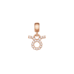 Taurus zodiac charm in rose gold stainless steel, featuring a circular symbol adorned with sparkling cubic zirconia crystals.