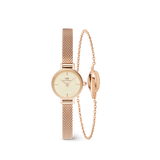 Petite rose gold watch with a mesh strap and a matching delicate Unity bracelet featuring an interlocking chain design, both crafted in a refined, minimalist style.