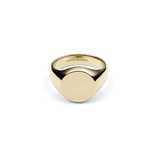 Polished gold signet ring with a flat, engraveable face and smooth band, crafted in stainless steel with PVD gold plating.