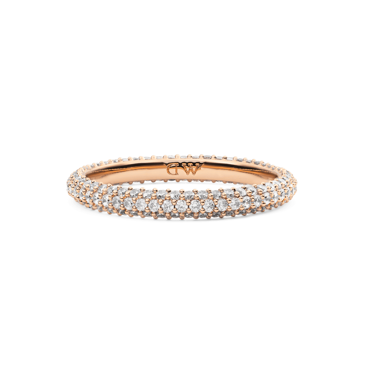 Elegant rose gold pavé ring with a 3 mm band, featuring three rows of white cubic zirconia crystals and a discreet 