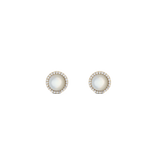 Pair of gold stud earrings featuring domed mother of pearl centres, each surrounded by a delicate halo of sparkling white cubic zirconia crystals.