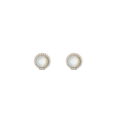 Pair of gold stud earrings featuring domed mother of pearl centres, each surrounded by a delicate halo of sparkling white cubic zirconia crystals.