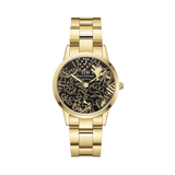 Limited edition Daniel Wellington gold link watch featuring a black dial with Steven Harrington’s playful illustrations, combining artistic detail with a polished, contemporary design.