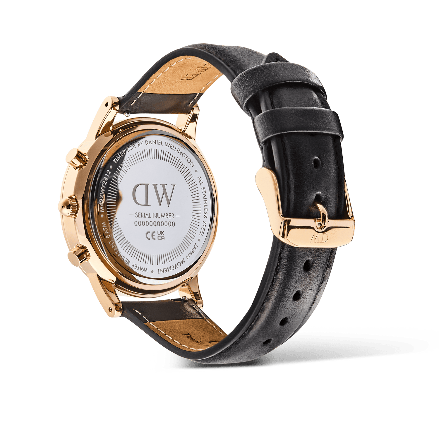 Rear view of the Iconic Chronograph Sheffield Arctic Panda Rose Gold watch by Daniel Wellington, showing the engraved stainless steel case back, rose gold detailing, and adjustable black leather strap with a matching rose gold buckle.