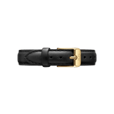 Sheffield Strap Gold crafted from smooth black leather with neat stitching and a polished gold buckle, offering a refined and versatile option for Daniel Wellington and compatible watches.