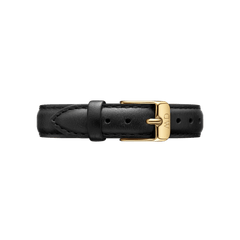 Sheffield Strap Gold crafted from smooth black leather with neat stitching and a polished gold buckle, offering a refined and versatile option for Daniel Wellington and compatible watches.