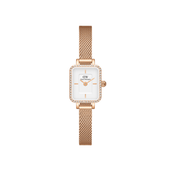 Rectangular rose gold watch with a mesh strap, white dial, minimalist markers, and a bezel set with sparkling crystals.