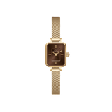 Quadro Mini Evergold Amber women’s watch with rectangular amber sunray dial and gold mesh bracelet, minimalist design.