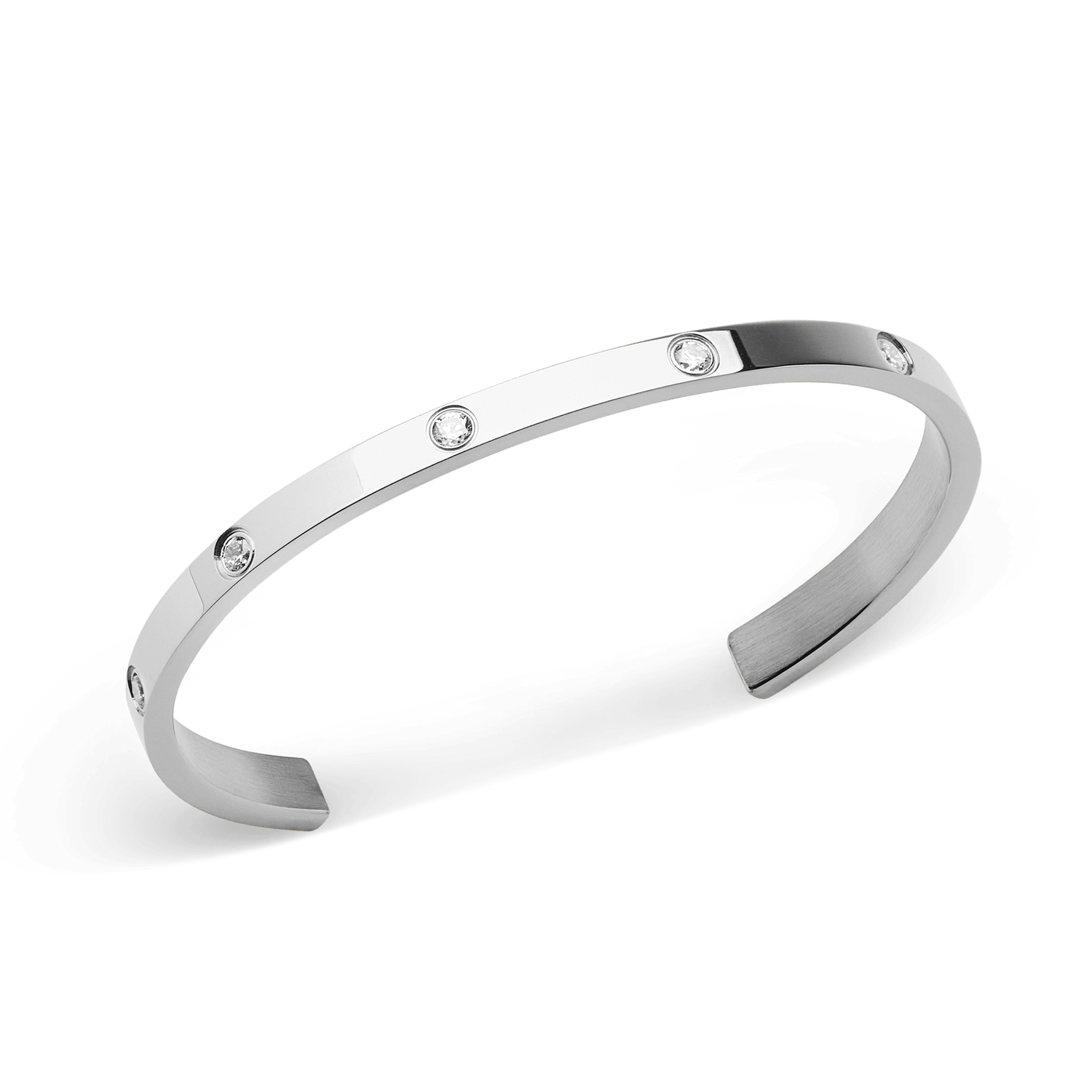 Classic Lumine Bracelet Silver 5.5mm featuring a sleek open cuff design in polished stainless steel, adorned with eight sparkling cubic zirconia crystals for a refined, modern finish.