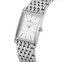 Bound 9-Link Silver women’s watch with rectangular stainless steel case and polished 9-link bracelet, minimalist white dial.