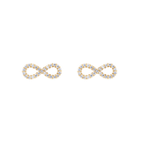 Pair of gold infinity stud earrings featuring a delicate loop design, each set with sparkling white cubic zirconia crystals for a refined, minimalist look.