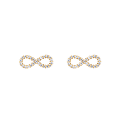 Pair of gold infinity stud earrings featuring a delicate loop design, each set with sparkling white cubic zirconia crystals for a refined, minimalist look.