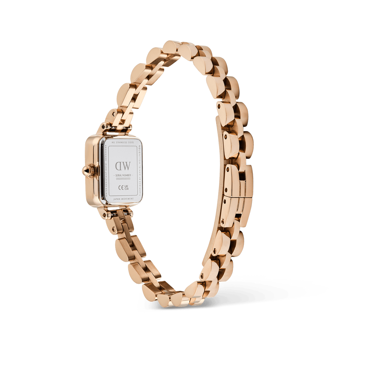 Rear view of the Quadro Mini Arch 3-link White Sunray Rose Gold watch, highlighting the engraved stainless steel case back and polished rose gold-plated bracelet with butterfly clasp.