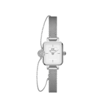 Silver Daniel Wellington Quadro Mini watch with a rectangular white dial and a slender mesh strap, paired with a pavé crystal pendant bracelet for an elegant, coordinated look.