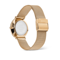 Crystalline Bezel Evergold Green watch showing engraved case back and adjustable gold mesh strap with secure clasp.