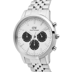 Close-up of the Daniel Wellington Iconic Chronograph Arch 5-Link Off-White Panda Silver watch, showing its white enamel dial, black sub-dials, luminous markers, and polished stainless steel bracelet.