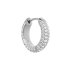 A single silver pavé crystal hoop earring with a rounded profile, fully set with sparkling cubic zirconia and finished with a secure hinge closure.