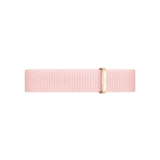 Rosewater Strap Gold in pastel pink recycled polyester, featuring a slim gold buckle with engraved branding, designed for Daniel Wellington watches.