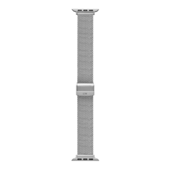 Silver sandblasted mesh smartwatch strap with an adjustable DW clasp and Apple Watch connectors, designed for a secure and comfortable fit.
