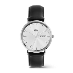 Classic Day Display Sheffield Silver watch featuring a brushed stainless steel case, white dial with subtle triangle pattern, day and date display, and a black genuine leather strap.