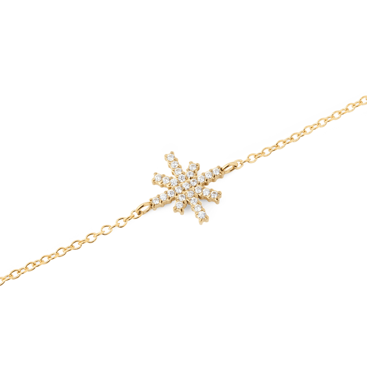 Close-up of the Mirelle Star Bracelet Gold, showcasing its fine gold chain and central star-shaped charm encrusted with sparkling white cubic zirconia crystals.