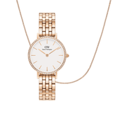 Rose gold Petite Lumine Bezel watch with a five-link bracelet and crystal-set bezel, paired with a matching rose gold box chain necklace.