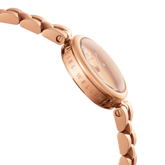 Close-up side view of the Elan Lumine Unitone Rose Gold watch, highlighting the engraved Daniel Wellington branding on the rose gold case and the polished three-link bracelet.