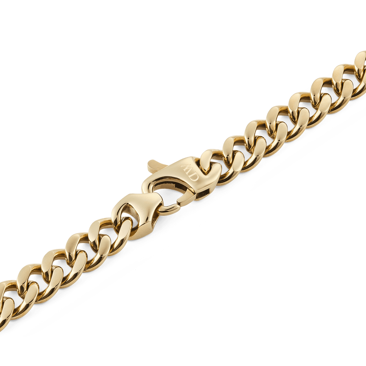 Detail of the Ellipse Cuban Chain Necklace Gold, highlighting the polished gold-plated links and the secure matching lobster clasp.