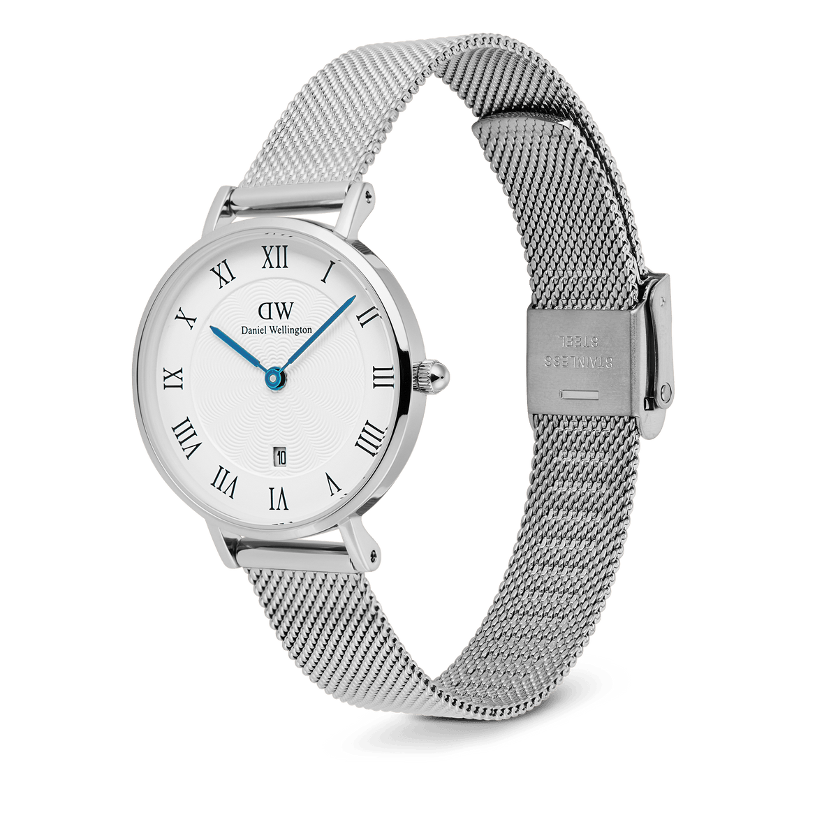 Petite Roman Numerals Date Silver watch featuring a polished stainless steel mesh strap, white dial with Roman numerals, blue hands, guilloché detailing, and a date window at six o’clock.