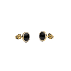 Pair of Audrey Earrings Black Agathe Gold featuring domed black agate stones set in gold-tone stainless steel, each bordered by a halo of white cubic zirconia crystals and finished with secure butterfly fastenings.