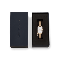 Quadro Crystal Zodiac Evergold Set presented in a sleek Daniel Wellington gift box, featuring a gold mesh strap, rectangular crystal bezel, white mother of pearl dial, and a sparkling zodiac charm.