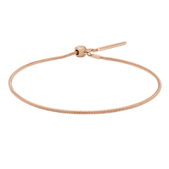 Slender rose gold snake chain bracelet with an adjustable sliding clasp, crafted from stainless steel and finished with a polished, minimalist design ideal for layering or wearing alone.