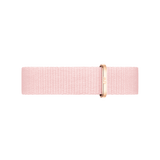 Delicate pink Daniel Wellington NATO watch strap crafted from recycled polyester, featuring a soft woven finish and a polished rose gold buckle for a sophisticated, modern style.