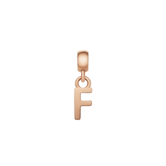 Rose gold letter F charm with a sleek, minimalist design and polished finish, crafted from stainless steel and fitted with an anti-slip silicone lining for secure placement on bracelets or necklaces.
