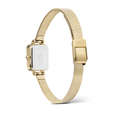 Quadro Mini Reflection Gold watch showing stainless steel case back and adjustable gold mesh strap with clasp detail.